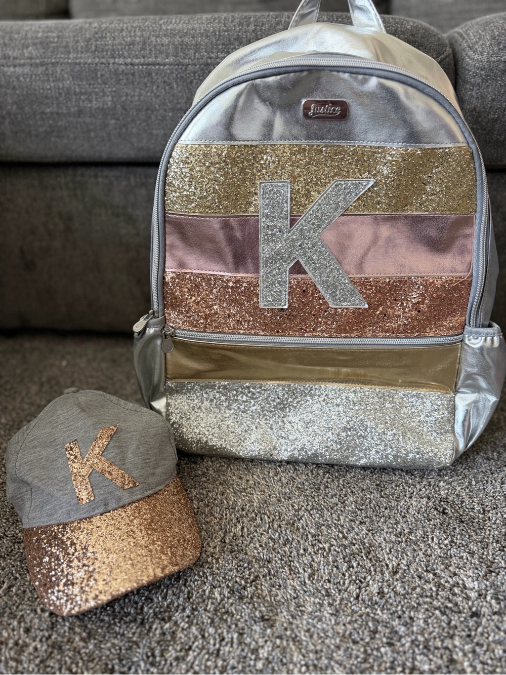 Justice Glitter 'K' Backpack & Cap Set - Silver, Rose Gold, Gold